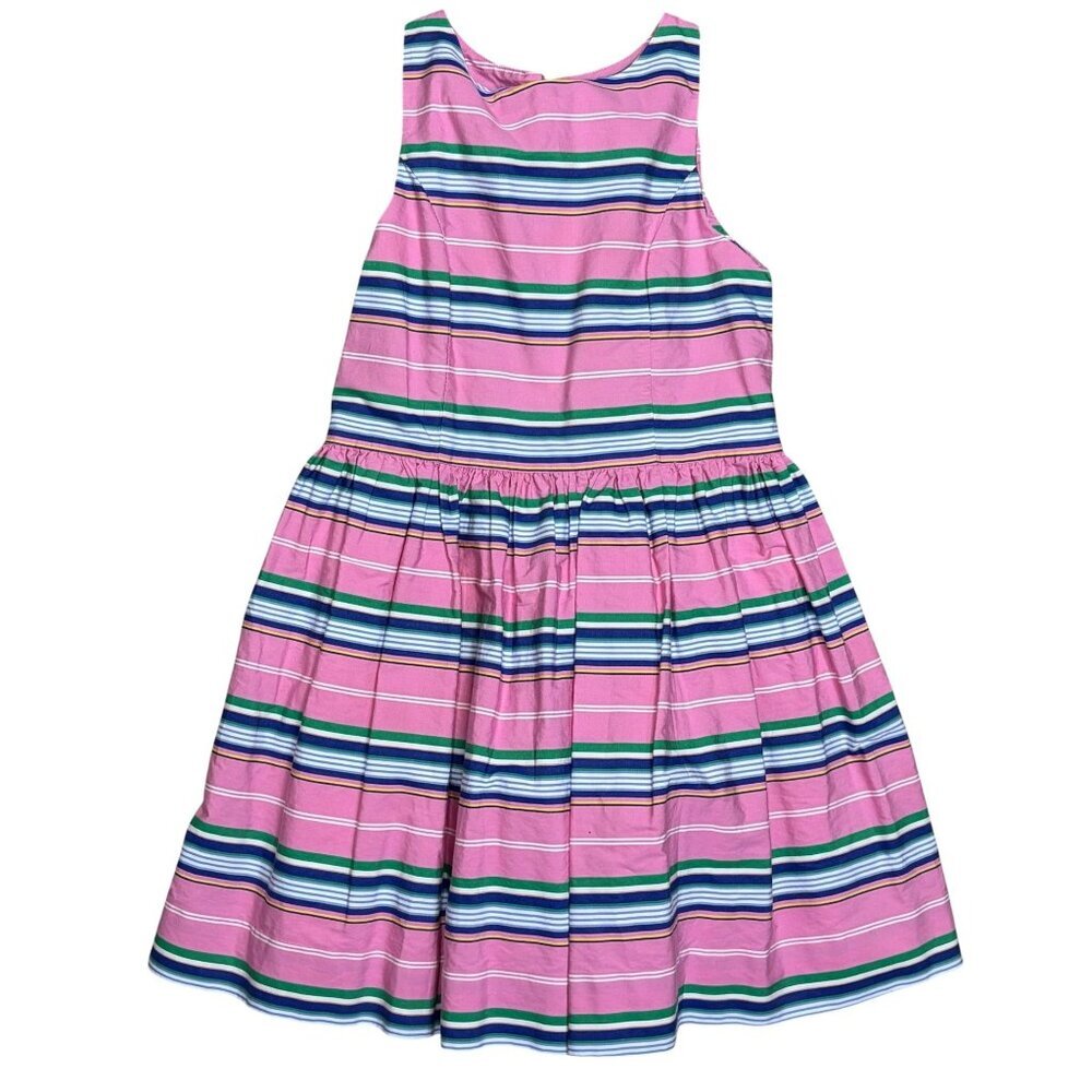 Polo Ralph Lauren Girls Size 7 Dress Pink Blue Green Stripe Cotton Cutout Back